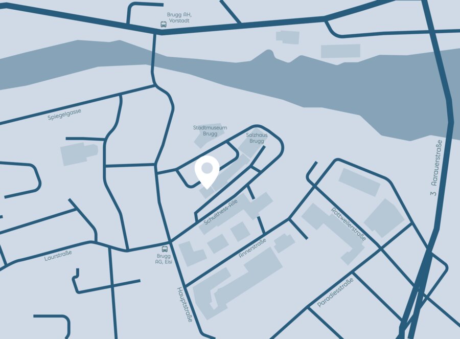 Stilisierte Karte von Brugg mit der markierten Position der Praxis